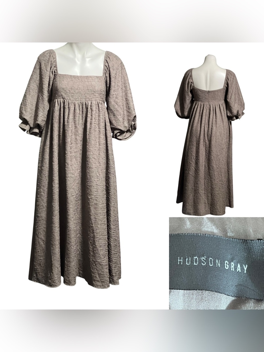 HUDSON Gray babydoll Dress sz S square neck Puff Sleeve Textured Taupe